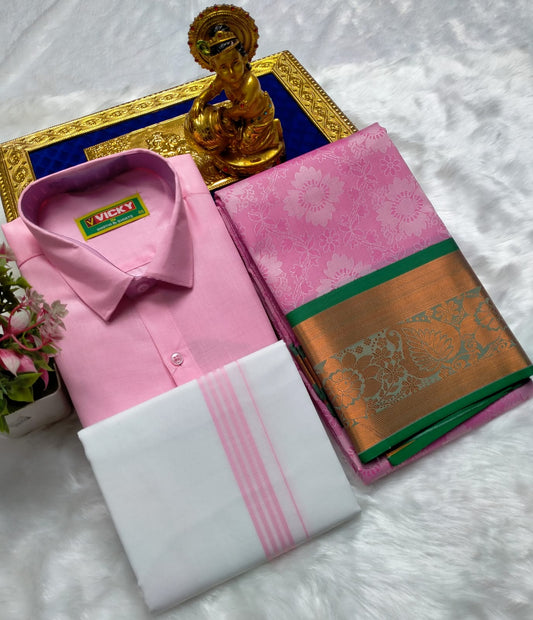 Semi Silk Saree With Cotton Dhoti & Shirt Combo – Perfect Wedding & Couple Combo (CC024)
