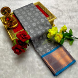 Elegant Grey Floral Pattern Soft Silk Saree with Contrast Copper Zari Border - PTS018