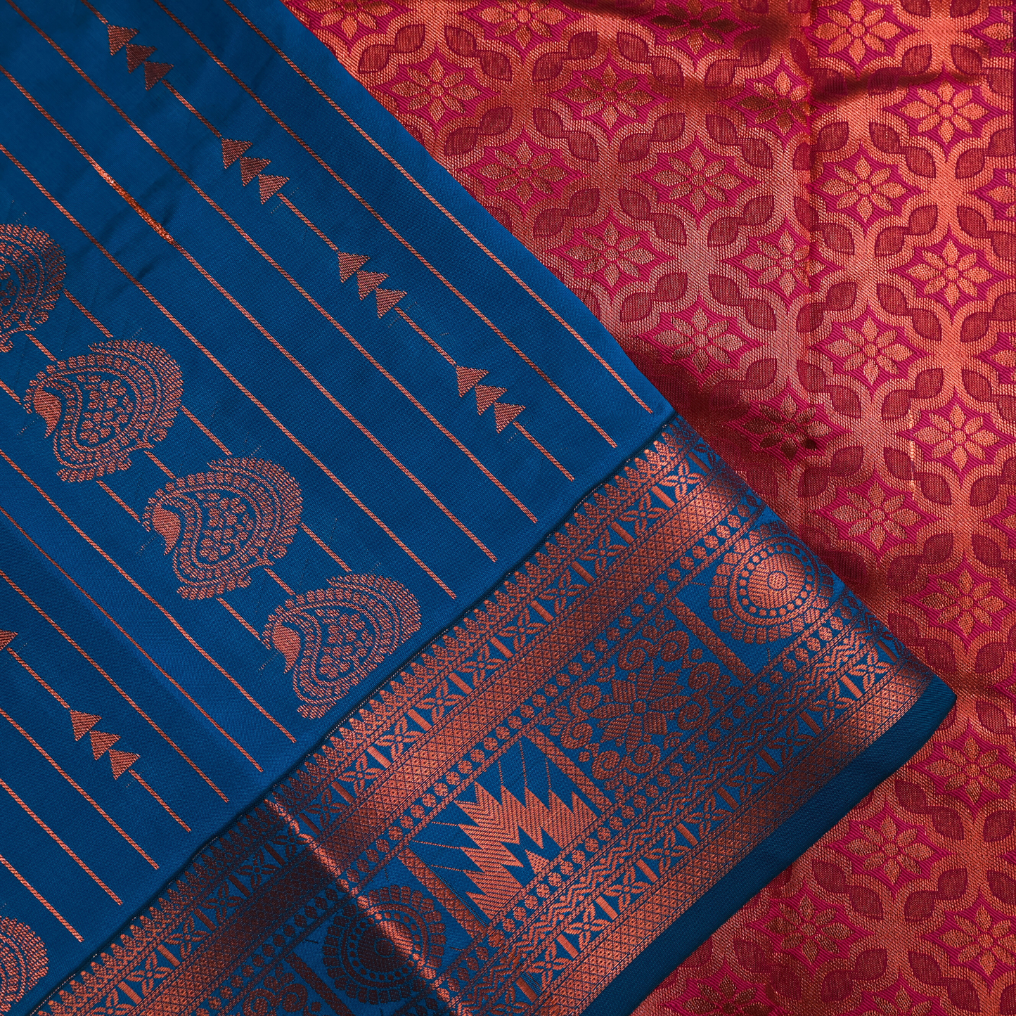 Royal Blue Handloom Kanjivaram Saree with Red Pallu and Contrast Blouse