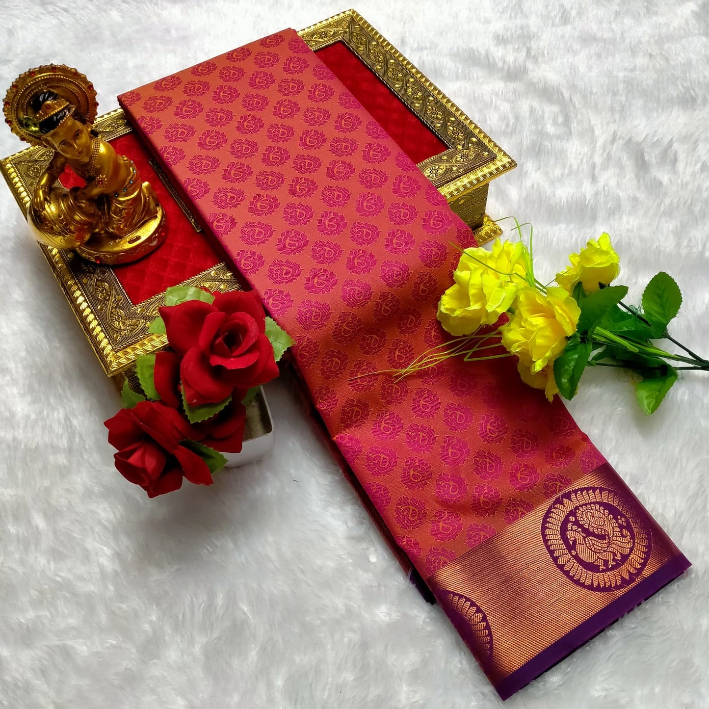 3D Embossed Butta Soft Silk Saree with Rich Peacock Zari Border - PTS020