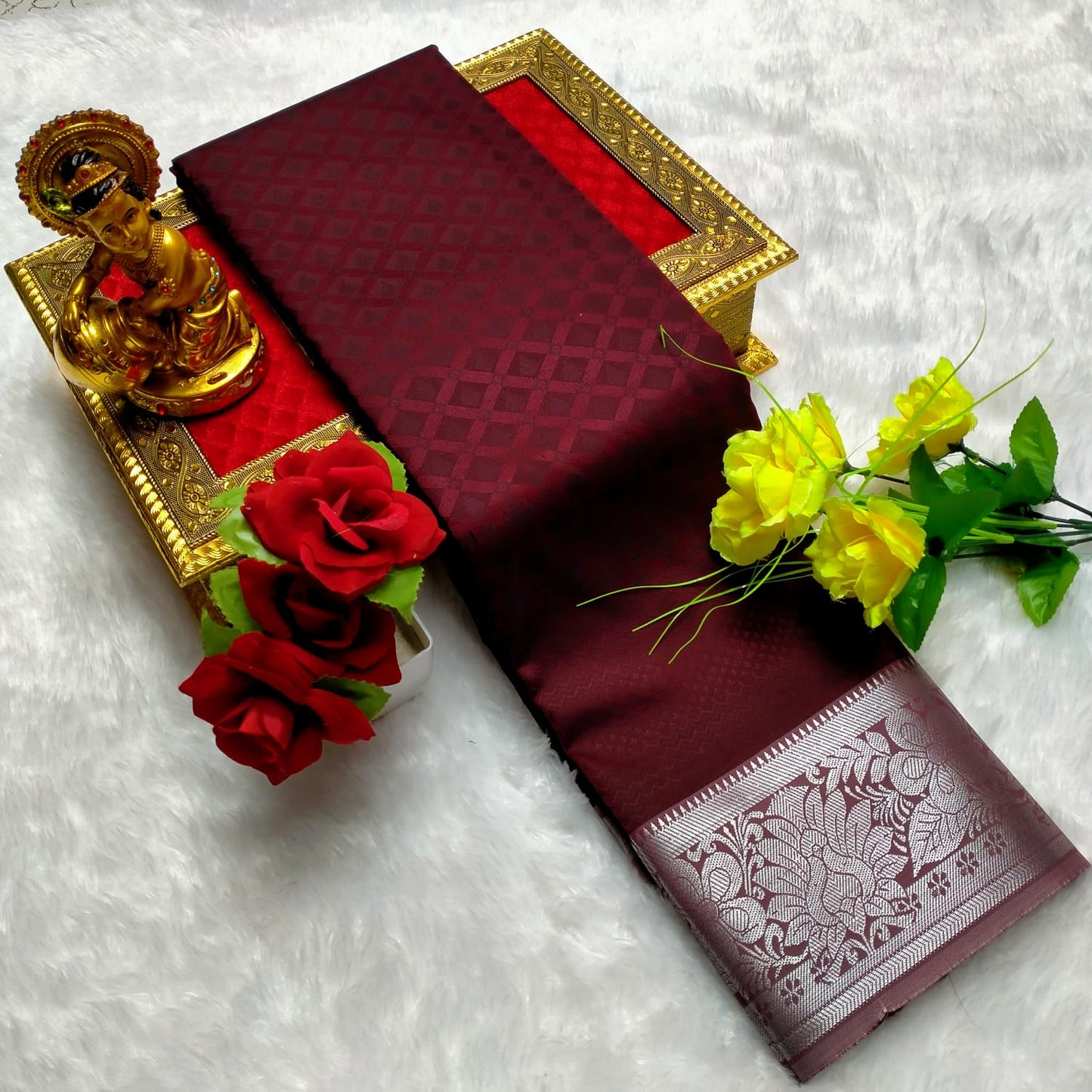 Maroon 3D Embossed Silk Blend Saree with Intricate Silver Zari Border - PTS024