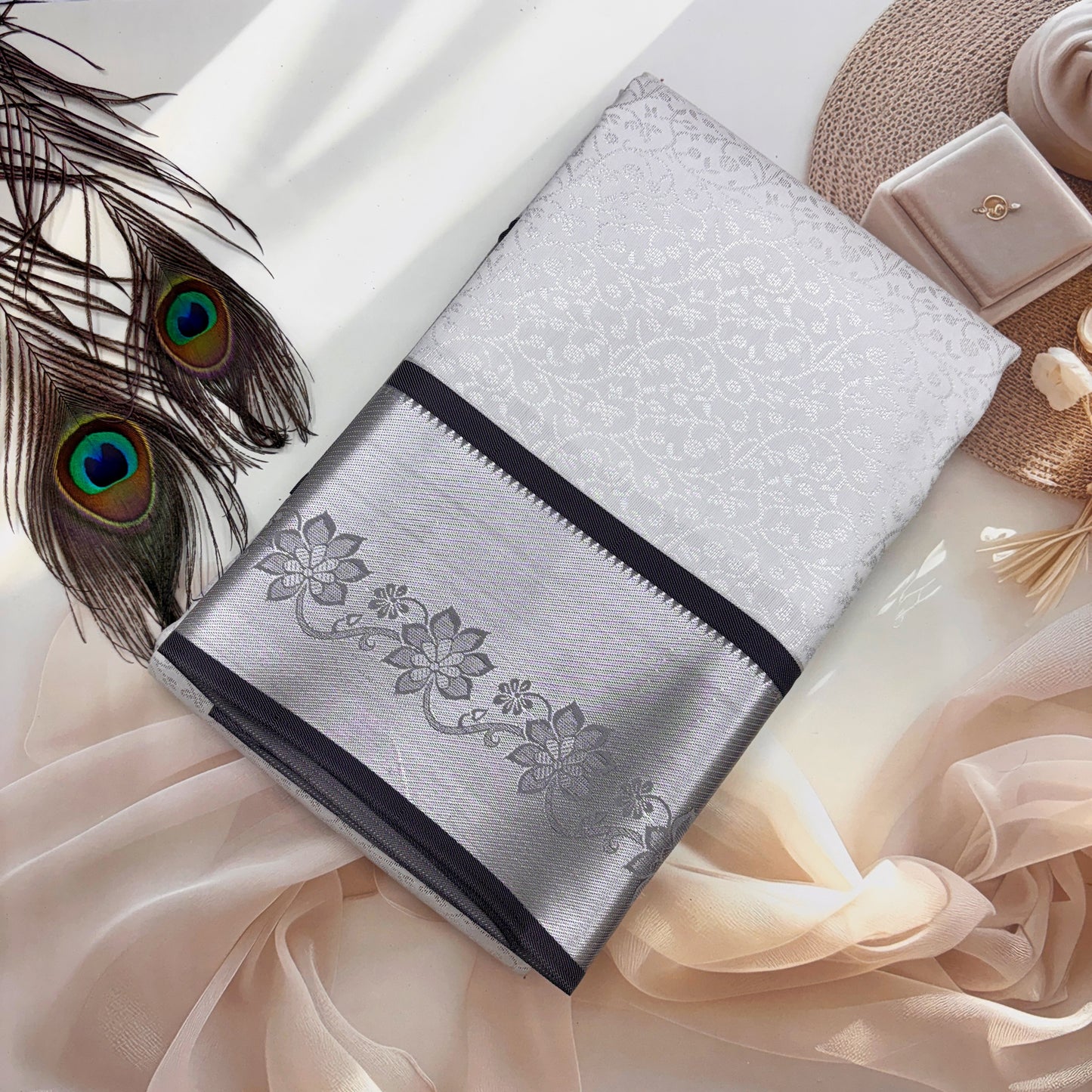 Silver and Grey Bridal Silk Saree with Floral Zari Design