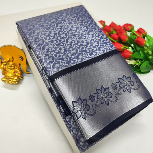 Elampillai Silk Saree in Silver and Denim Blue
