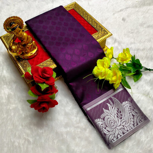 Purple Semi Silk Saree with Elegant Silver Zari Border - Kalai Tex Elampillai - PTS026