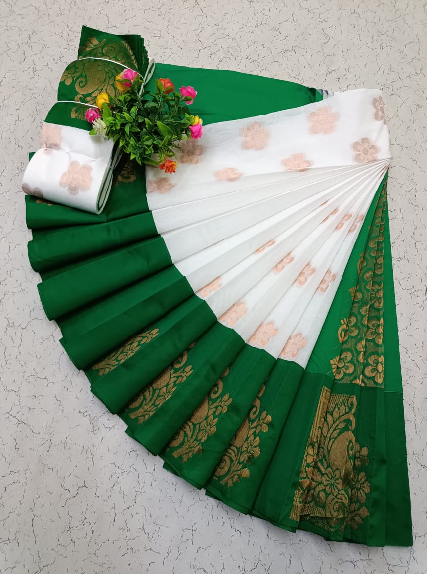 Graceful White & Green Silk Cotton Saree with Rich Kottanj Zari Border - KSC008