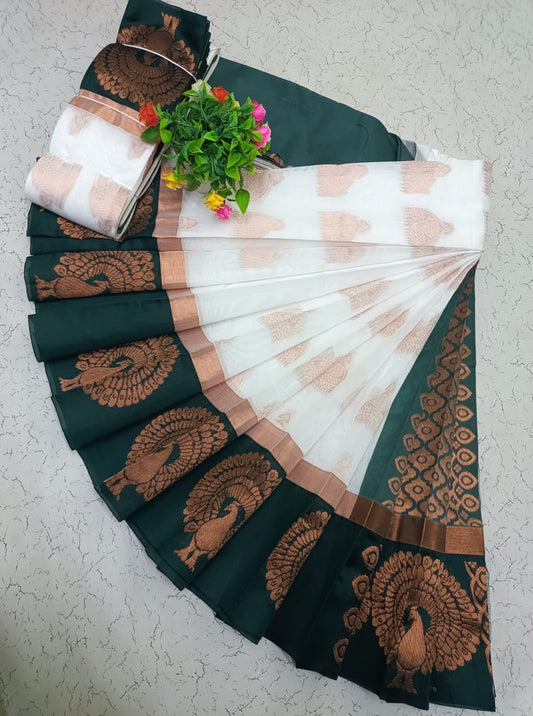 Elegant White & Green Silk Cotton Saree with Rich Peacock Kottanj Zari Border - KSC009