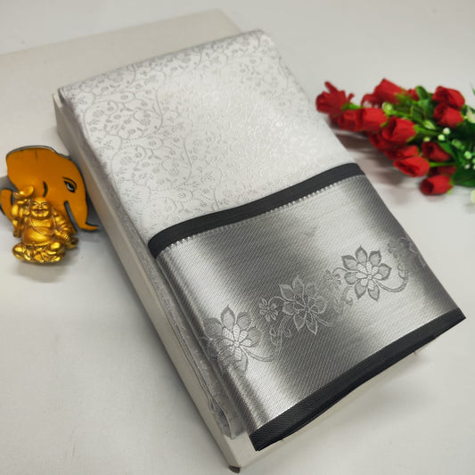Silver and Grey Bridal Silk Saree with Floral Zari Design
