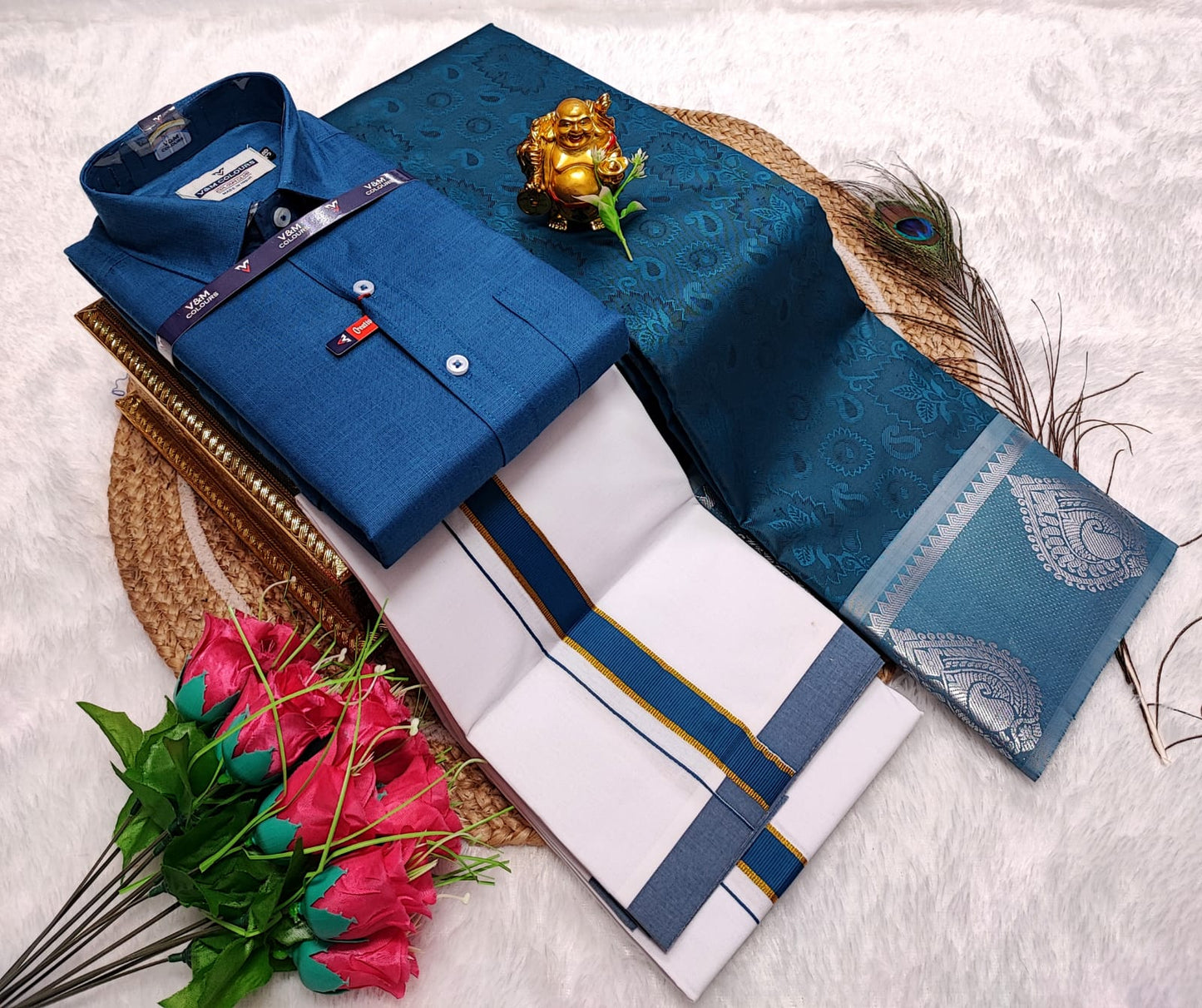 Semi Silk Saree With Cotton Dhoti & Shirt Combo – Perfect Wedding & Couple Combo (CC020)