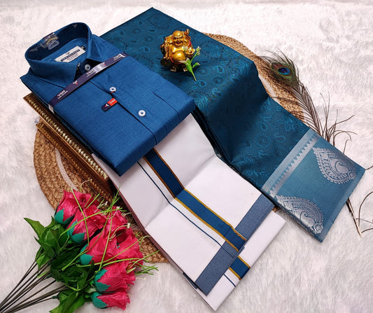 Semi Silk Saree With Cotton Dhoti & Shirt Combo – Perfect Wedding & Couple Combo (CC020)