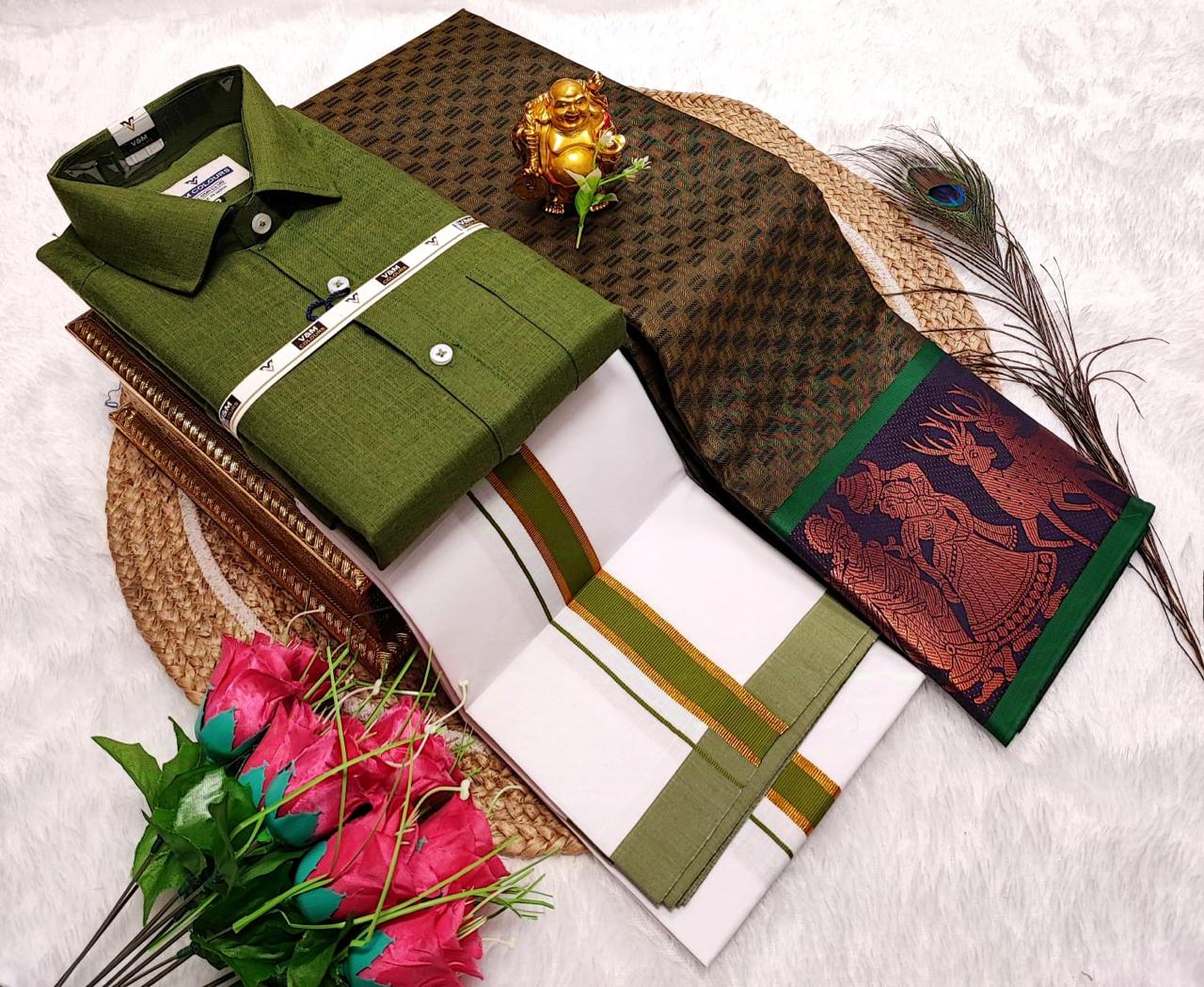 Semi Silk Saree With Cotton Dhoti & Shirt Combo – Perfect Wedding & Couple Combo (CC016)