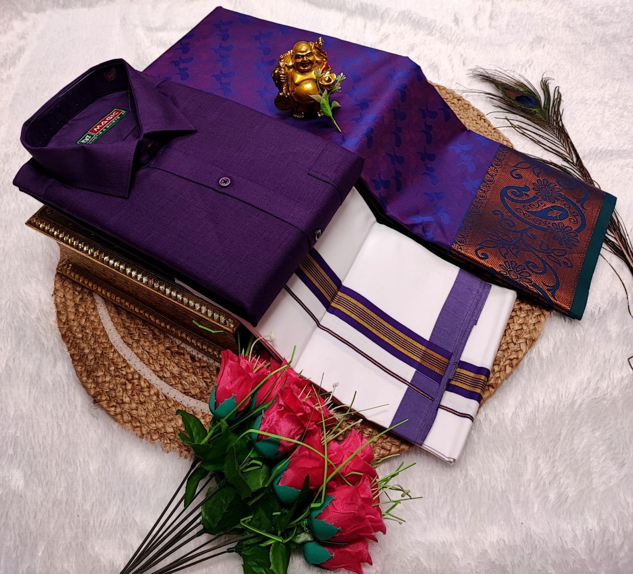 Semi Silk Saree With Cotton Dhoti & Shirt Combo – Perfect Wedding & Couple Combo (CC012)