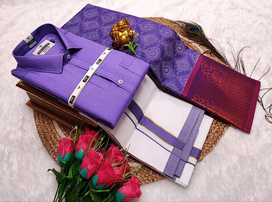 Semi Silk Saree With Cotton Dhoti & Shirt Combo – Perfect Wedding & Couple Combo (CC011)