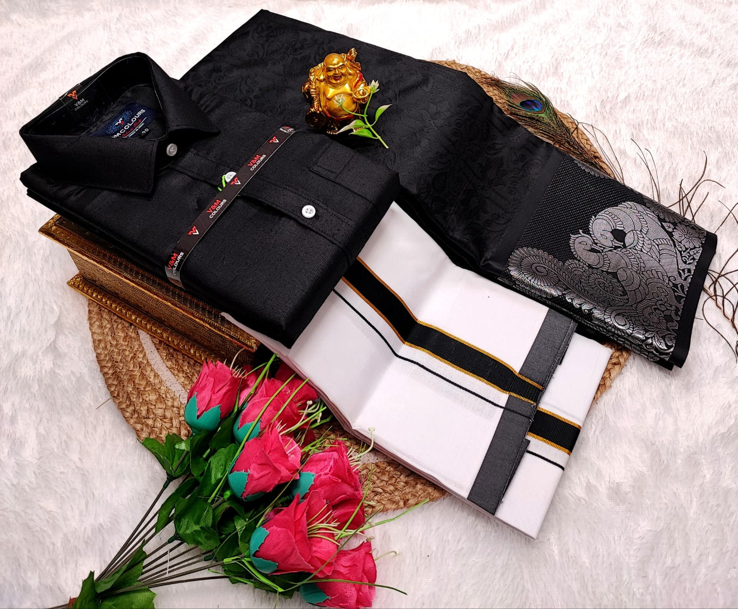 Semi Silk Saree With BLACK Cotton Dhoti & Shirt Combo – Perfect Wedding & Couple Combo (CC023) - HALF SLEEVE