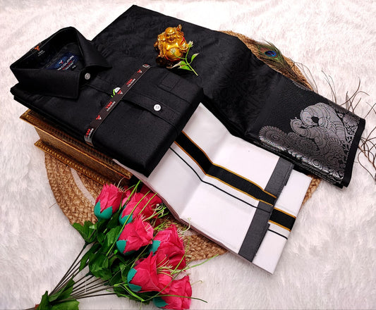 Semi Silk Saree With BLACK Cotton Dhoti & Shirt Combo – Perfect Wedding & Couple Combo (CC023) - HALF SLEEVE
