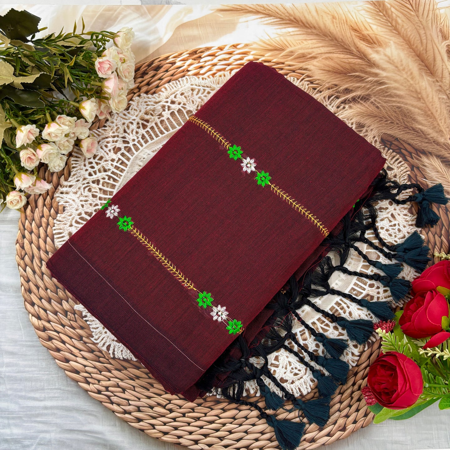 Beautiful Maroon Khadi Cotton Saree with Floral Embroidery - Kalai Tex