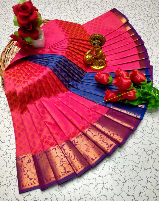 Vibrant Pink & Orange Dual-Tone Semi Silk Saree with Rich Gold Zari Border - Kalai Tex - PTS025