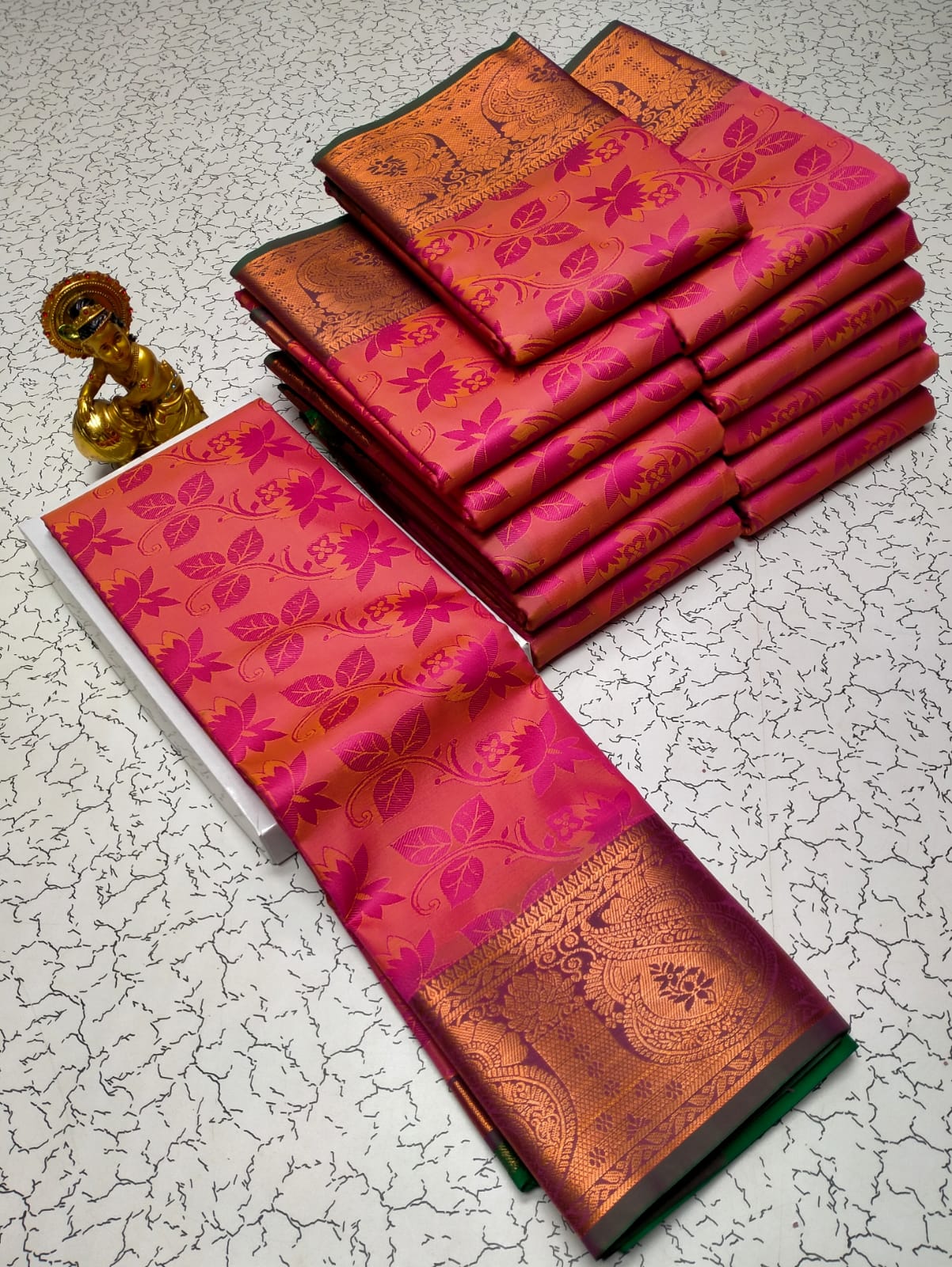 Coral Pink Semi Silk Saree with Floral Weave & Rich Gold Zari Border - Kalai Tex Elampillai - PTS028