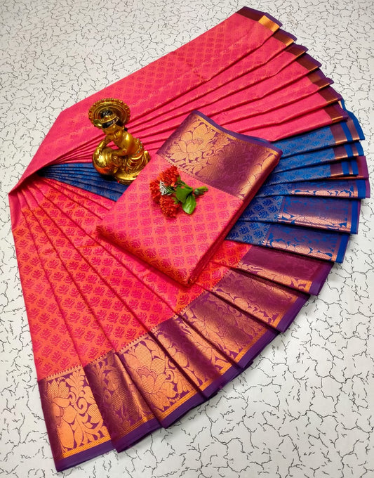 Vibrant Pink & Orange Dual-Tone Semi Silk Saree with Rich Gold Zari Border - Kalai Tex - PTS025