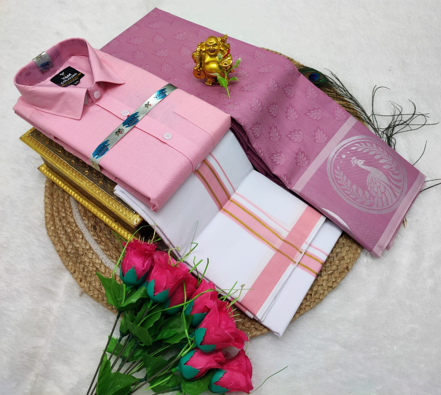 Couple Combo Saree with Cotton Dhoti Shirt (S to XXL) | CC004
