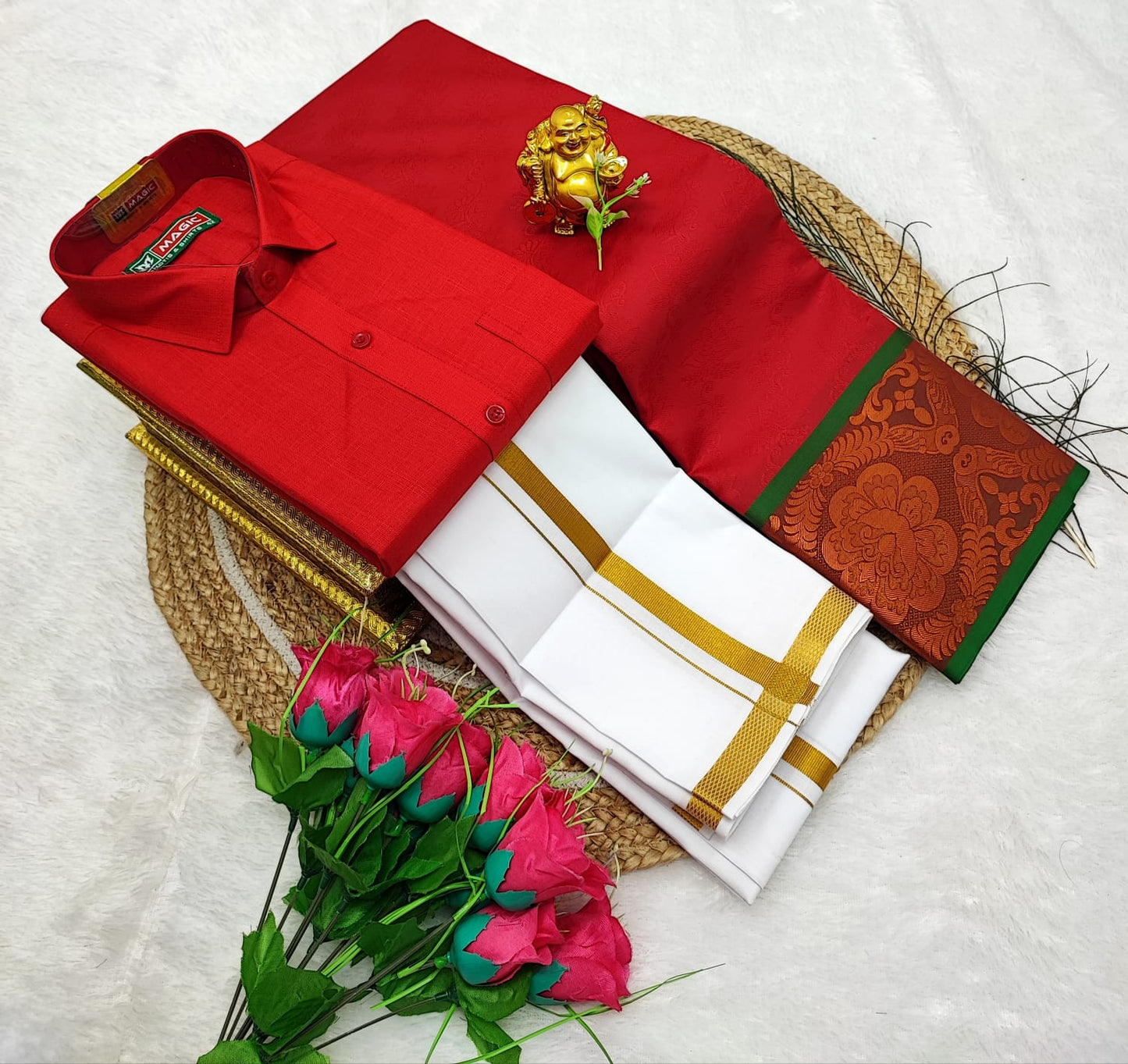 Couple Combo Saree with Cotton Dhoti Shirt (S to XXL) | CC010
