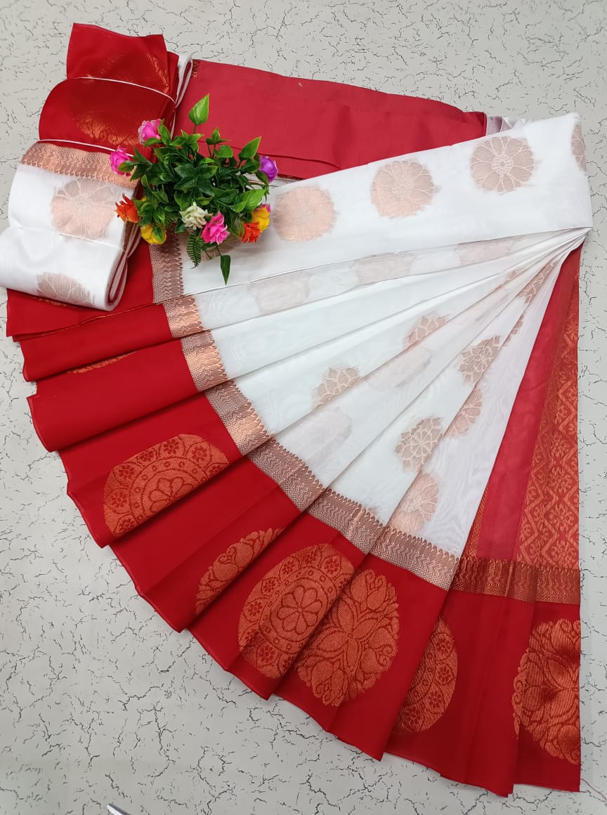 Classic Red & White Uppada Silk Cotton Saree with Kottanj Zari Border - KSC003