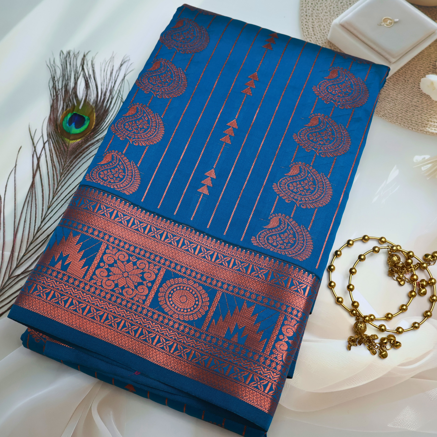 Royal Blue Handloom Kanjivaram Saree with Red Pallu and Contrast Blouse