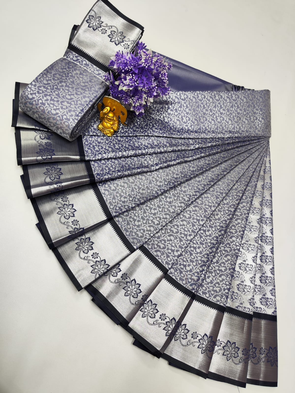 Elampillai Silk Saree in Silver and Denim Blue