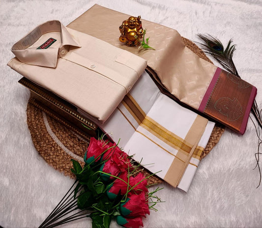 Semi Silk Saree With Cotton Dhoti & Shirt Combo – Perfect Wedding & Couple Combo (CC022)
