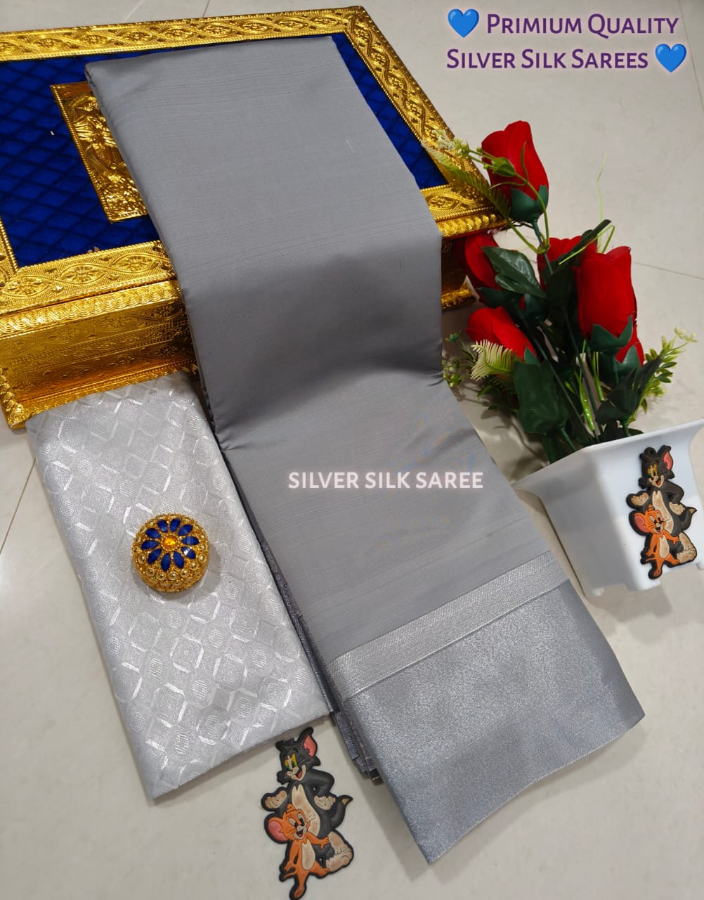 Kalai Tex Silver Border Silk Saree (SB015)