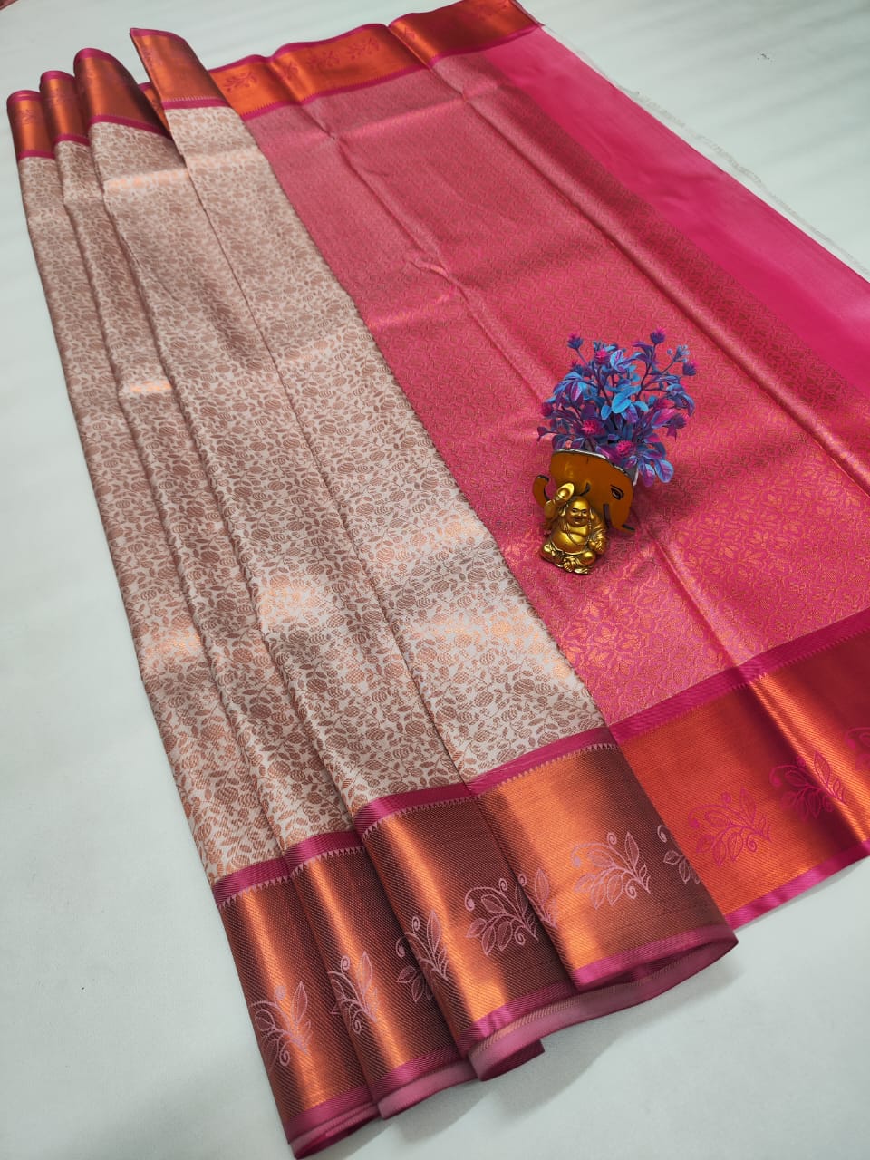 Peach and Pink Bridal Silk Saree with Elegant Zari Border SS114