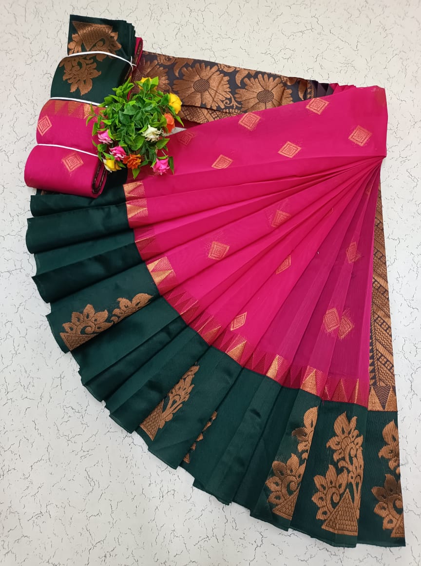 Vibrant Pink Uppada Silk Cotton Saree with Kottanj Zari Border - KSC002