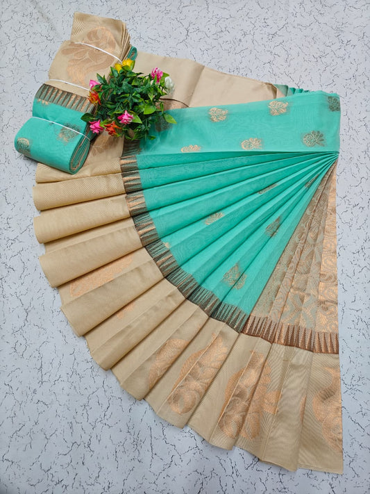 Elegant Uppada Silk Cotton Saree in Sea Green and Beige with Kottanj Zari Border - KSC005