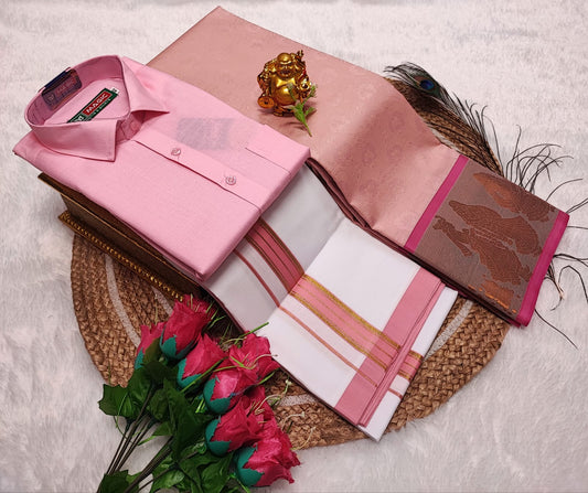 Semi Silk Saree With Cotton Dhoti & Shirt Combo – Perfect Wedding & Couple Combo CC025