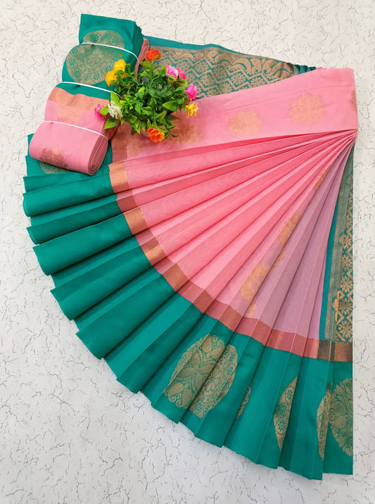 Graceful Pink Uppada Silk Cotton Saree with Teal Green Kottanj Zari Border - KSC004