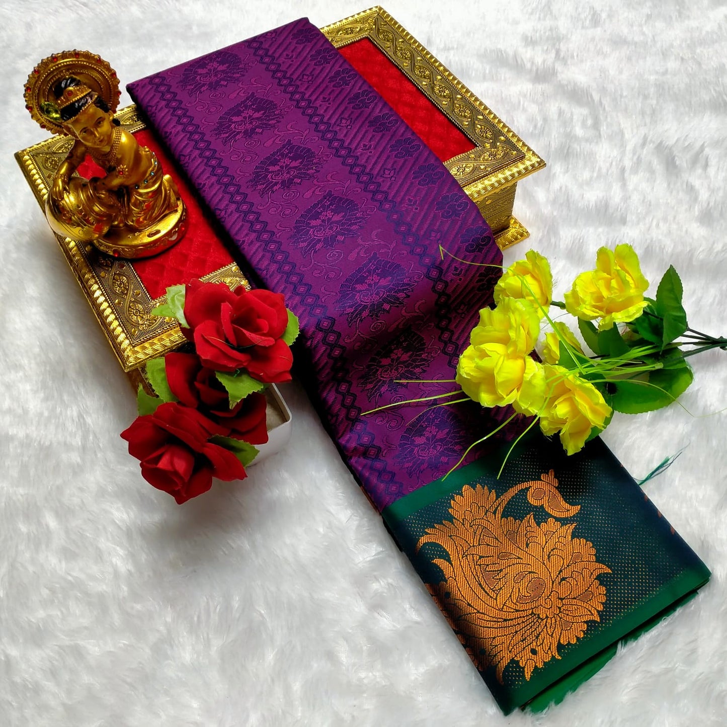 Majestic Purple Floral Design Soft Silk Saree with Rich Green Zari Border - PTS019