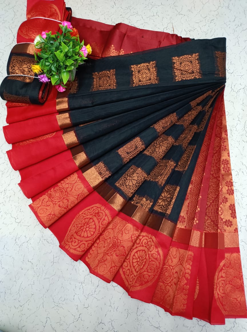 Majestic Black & Red Uppada Silk Cotton Saree with Kottanj Zari Border - KSC006