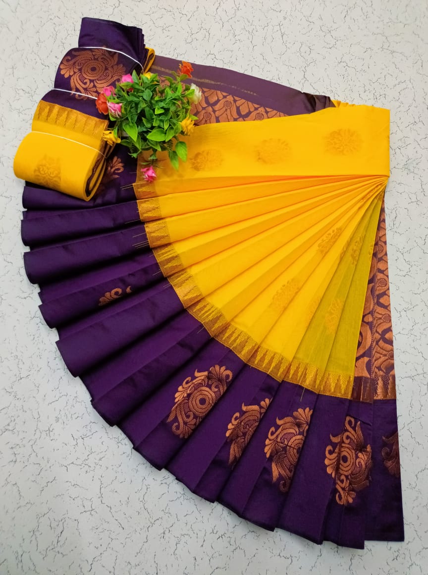 Radiant Yellow Uppada Silk Cotton Saree with Royal Purple Kottanj Zari Border - KSC007