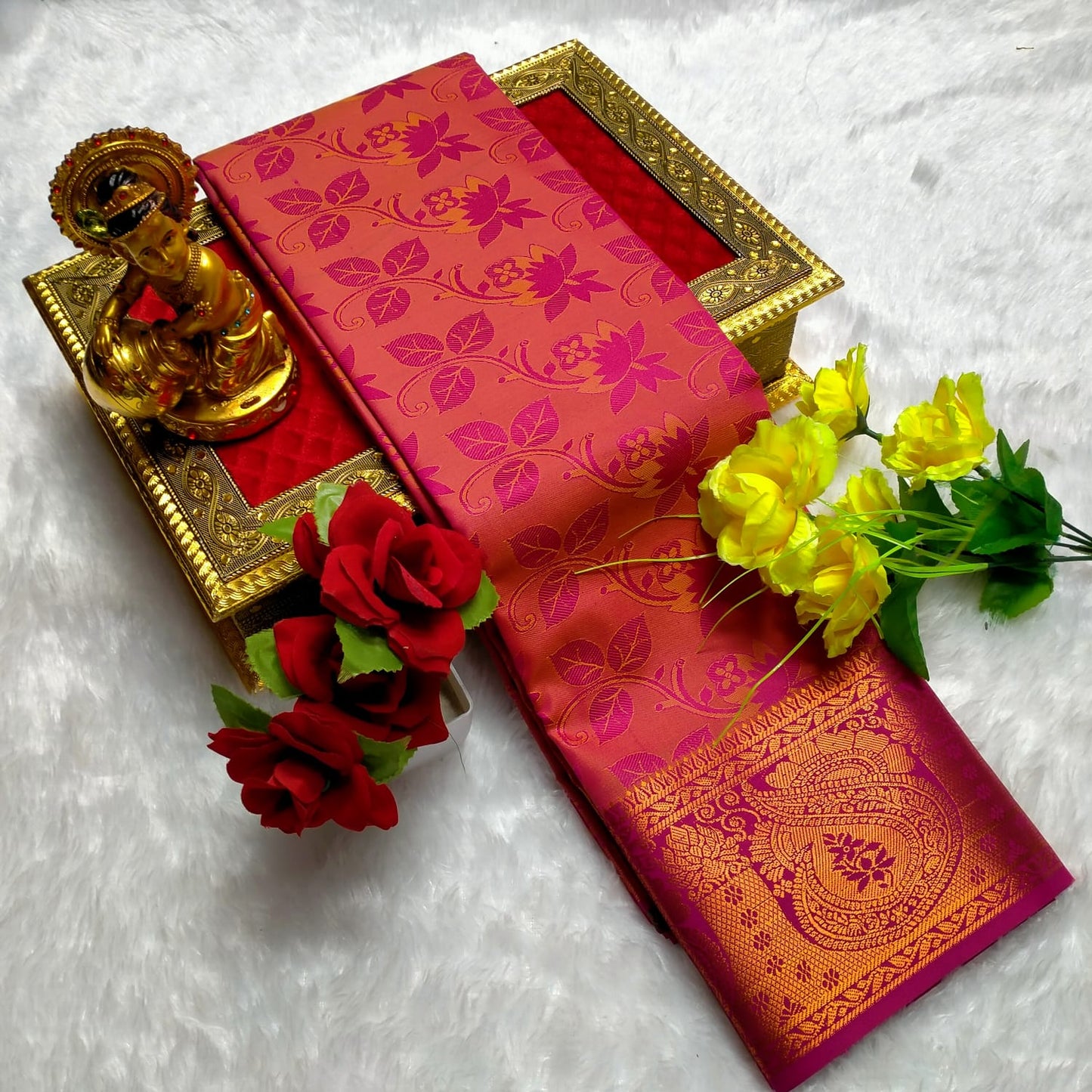 Coral Pink Semi Silk Saree with Floral Weave & Rich Gold Zari Border - Kalai Tex Elampillai - PTS028