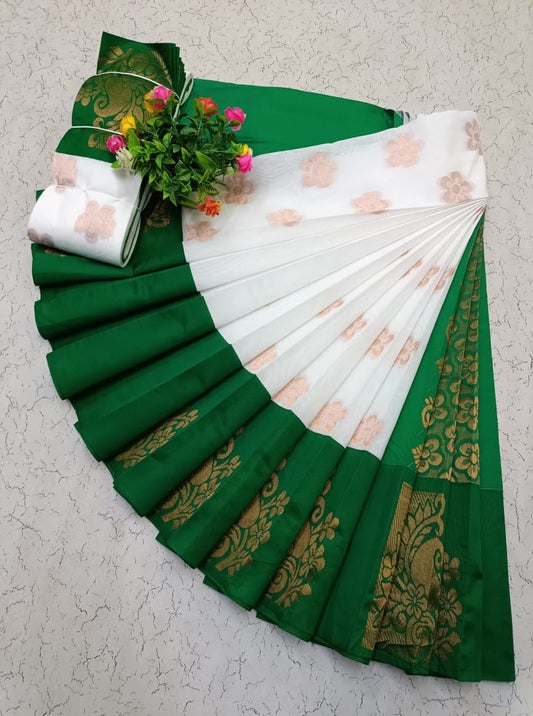 Graceful White & Green Silk Cotton Saree with Rich Kottanj Zari Border - KSC008