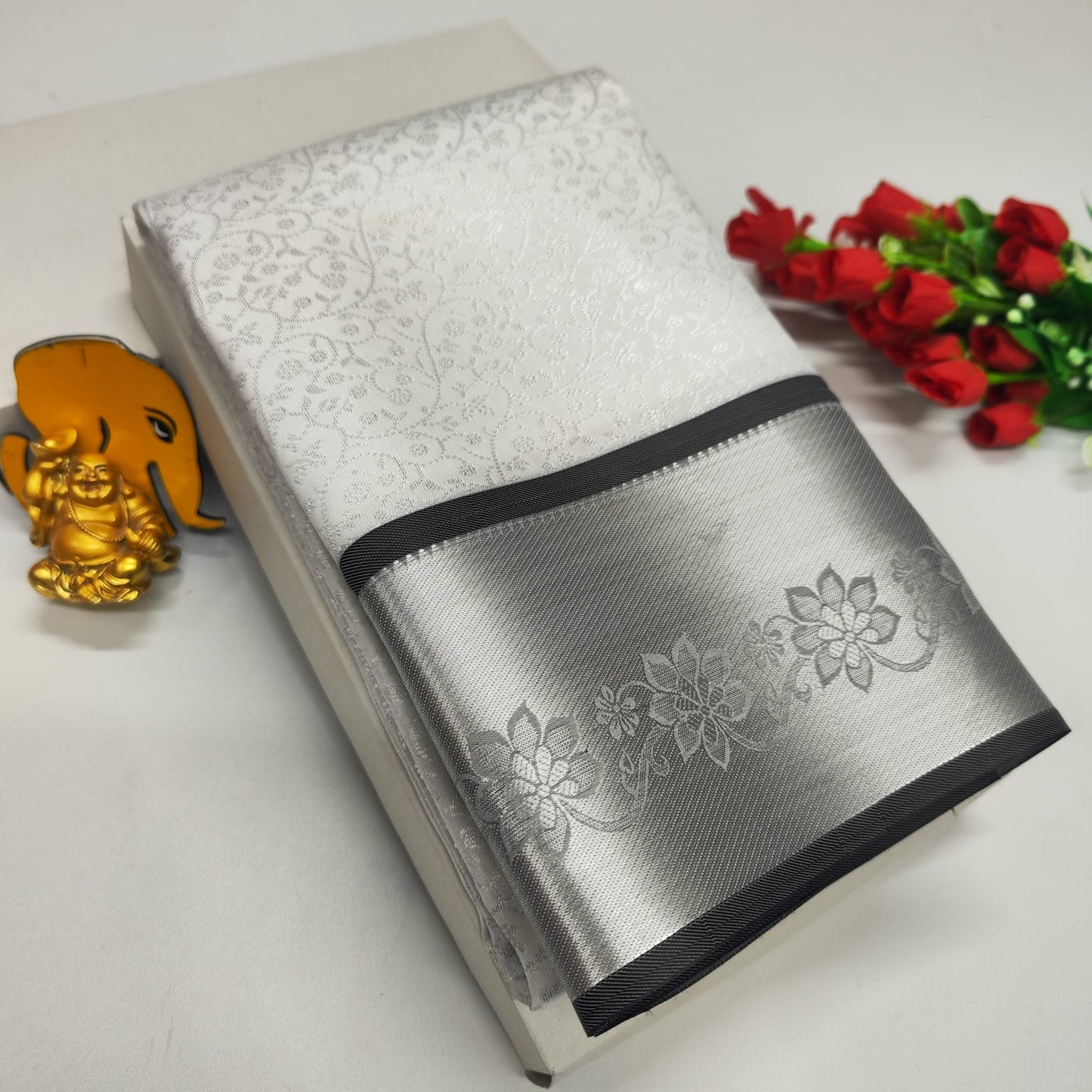 Silver and Grey Bridal Silk Saree with Floral Zari Design