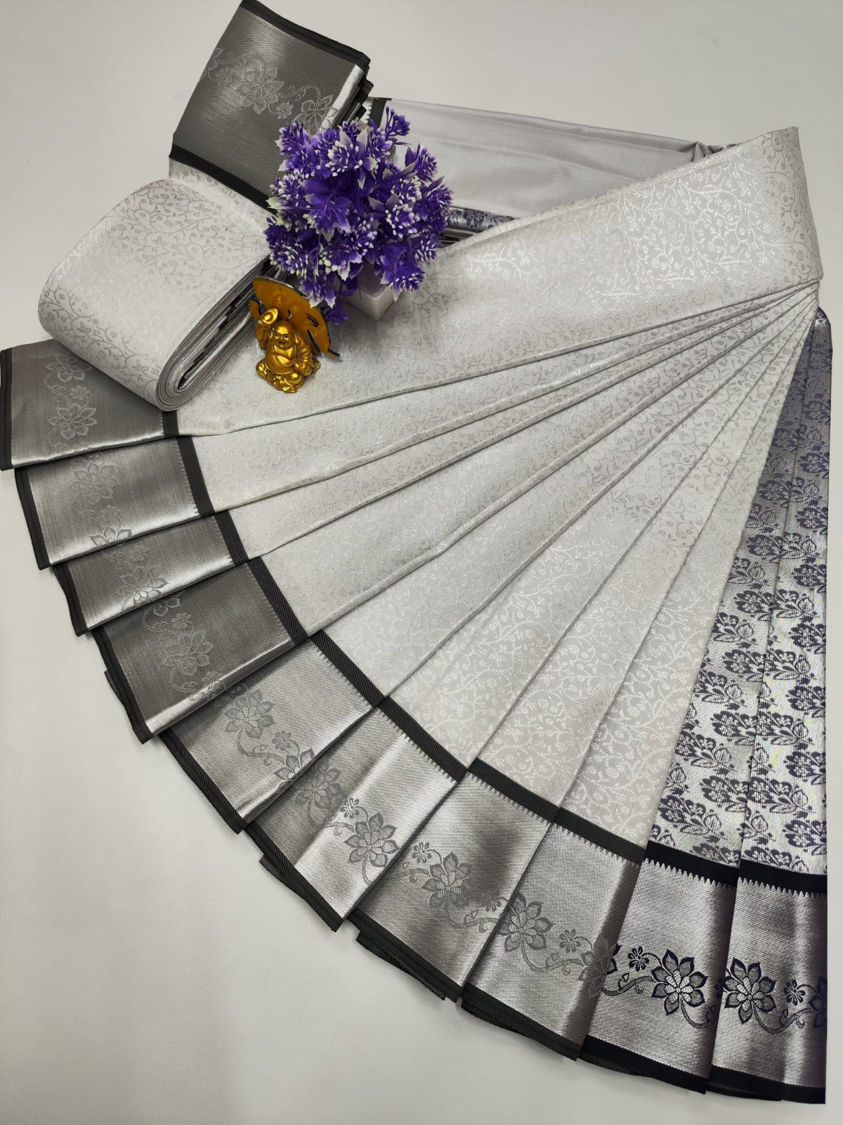 Silver and Grey Bridal Silk Saree with Floral Zari Design