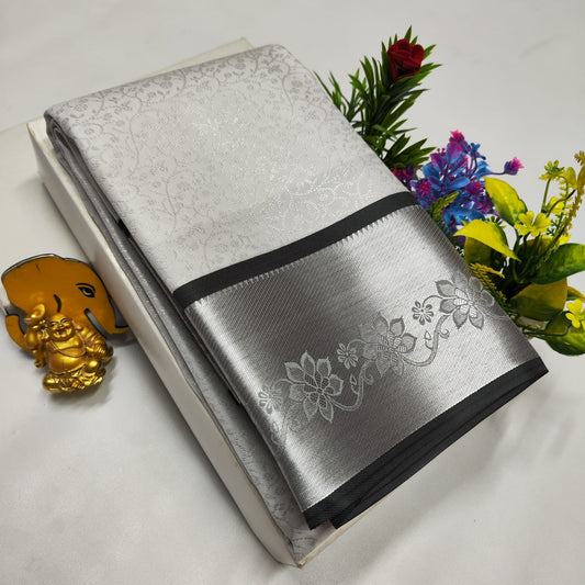 Silver and Grey Bridal Silk Saree with Floral Zari Design