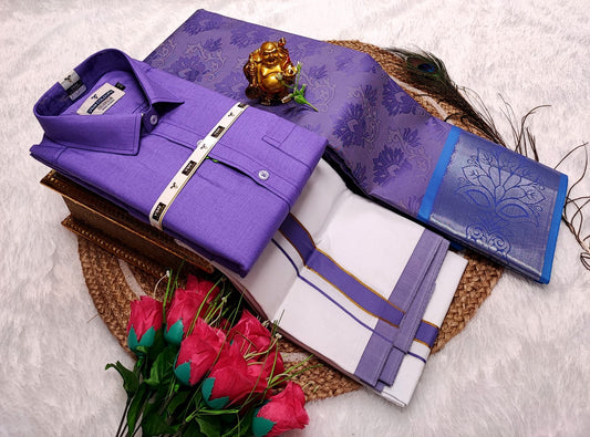 Semi Silk Saree With Cotton Dhoti & Shirt Combo – Perfect Wedding & Couple Combo (CC018)