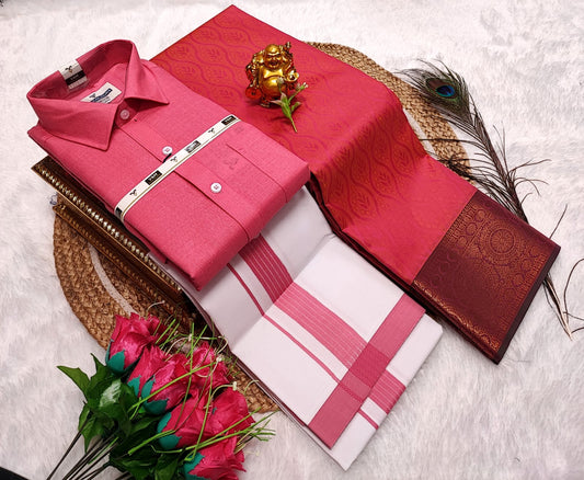 Semi Silk Saree With Cotton Dhoti & Shirt Combo – Perfect Wedding & Couple Combo (CC019)