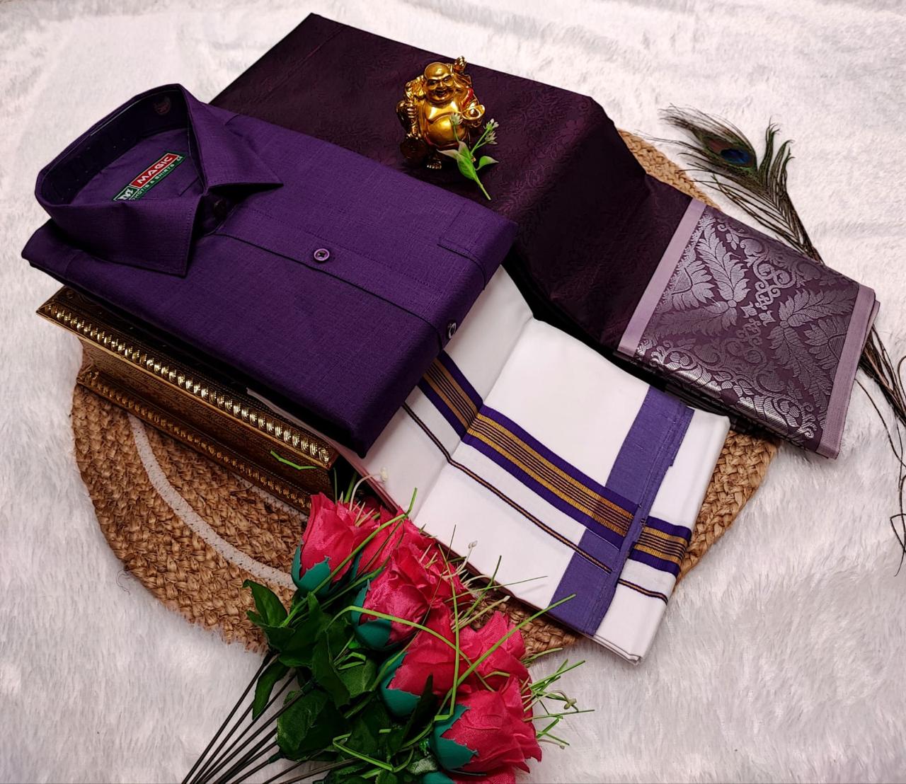 Semi Silk Saree With Cotton Dhoti & Shirt Combo – Perfect Wedding & Couple Combo (CC021)