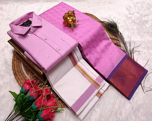 Semi Silk Saree With Cotton Dhoti & Shirt Combo – Perfect Wedding & Couple Combo (CC017)