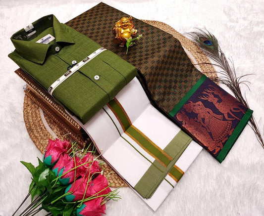 Semi Silk Saree With Cotton Dhoti & Shirt Combo – Perfect Wedding & Couple Combo (CC016)