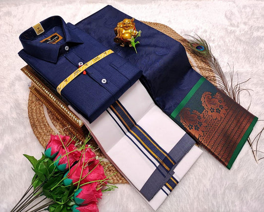 Semi Silk Saree With Cotton Dhoti & Shirt Combo – Perfect Wedding & Couple Combo (CC015)