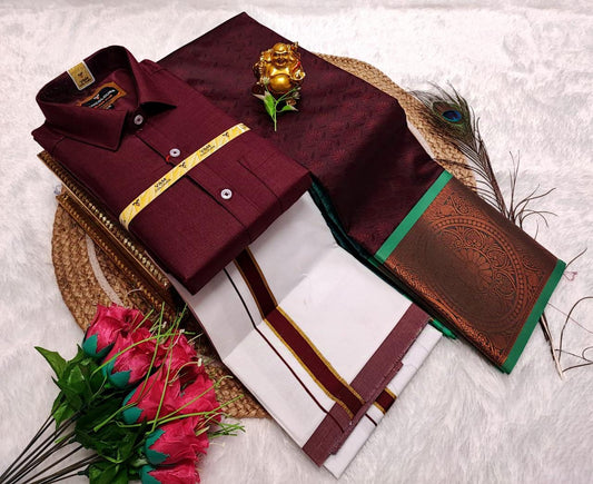 Semi Silk Saree With Cotton Dhoti & Shirt Combo – Perfect Wedding & Couple Combo (CC014)
