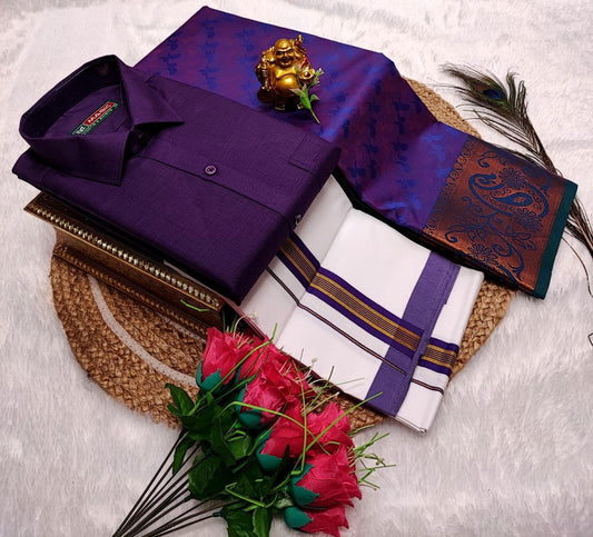 Semi Silk Saree With Cotton Dhoti & Shirt Combo – Perfect Wedding & Couple Combo (CC012)